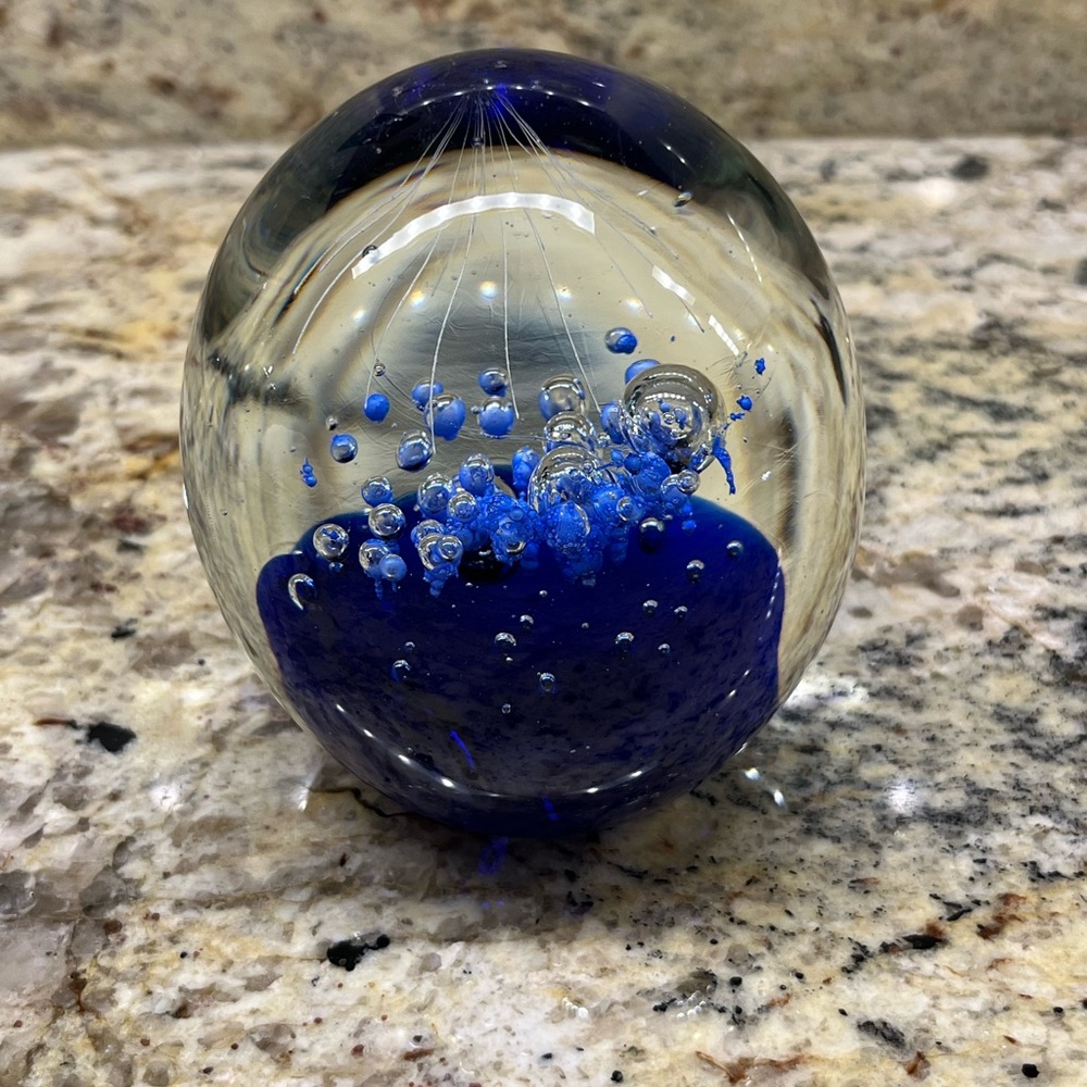 Oval Blue Cobalt Glass Art, Paperweight, Chandelier of Glass Bubbles